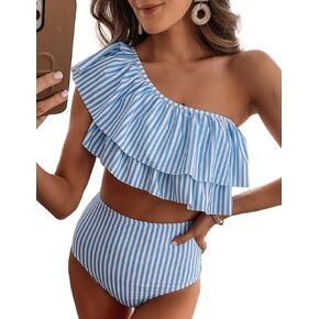 VIMPUNEC Ruffle One Shoulder Swimsuits for Women Striped High Waisted Two Piece Bathing Suits