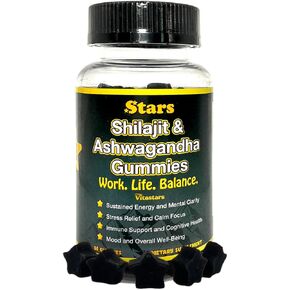 Shilajit & Ashwagandha Gummies, Shilajit Resin and Gummy Immune Support Supplement for Men and Women, Work, Life, Balance, Dietary Ashwagandha Supplements, 60 Star Shaped Gummies