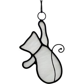 BOXCASA White Cat Decor Stained Glass Window Hanging,Funny Cat Gifts for Cat Lovers Stained Glass Suncatchers,Cat Themed Gifts Cat Decoration for Livingroom Bedroom Kitchen Room