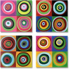 Hand Painted 4 Panels Colorful Square Wall Art Abstract Circle Canvas Oil Painting