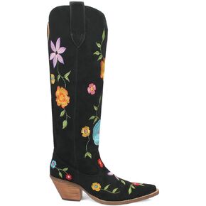 Dingo Womens Flower Power Embroidered Floral Snip Toe Casual Boots Over the Knee Mid Heel 2-3" - Black