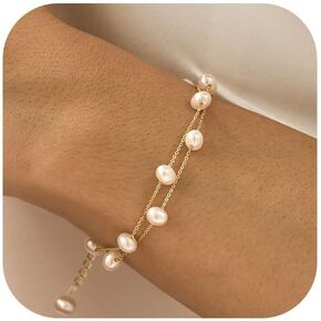 BERISO Gold/Silver Pearl Bracelets for Women,14K Gold Plated Bracelets Dainty Pearls Beaded Chain Heart Pearl Bracelets