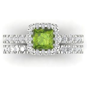 Clara Pucci 1.7 ct Princess Cut Halo Solitaire Genuine Natural Peridot Designer Art Deco Statement Wedding Ring Band Set 18K White Gold