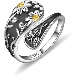 Sunflower Spoon Ring - Sterling Silver Vintage Adjustable Antique Spoon Rings for Women Boho Flower Wide Thumb Ring