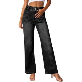 Sidefeel Womens Jeans High Waist Trendy 2024 Stretchy Flared Wide Leg Pockets Front Bootcut Casual Denim Pants