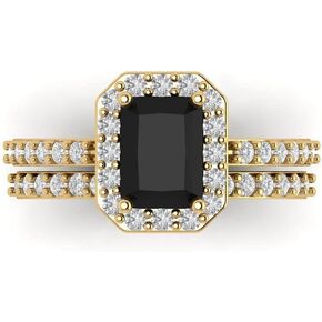 2.3 ct Emerald Cut Halo Solitaire Natural Black Onyx Designer Art Deco Statement Wedding Ring Band Set 18K Yellow Gold