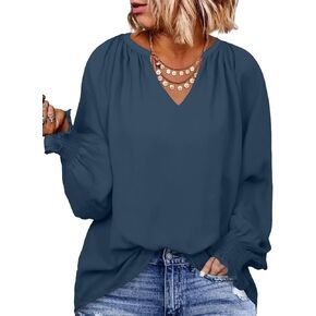 Eytino Womens Plus Size Tops Sexy V Neck Smocked Long Sleeve Casual Chiffon Blouse Flowy Work Shirts(1X-5X)
