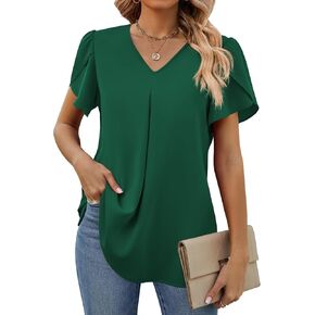 Funlingo Women's Summer Tops Short Sleeve Dressy Chiffon Blouses V Neck Work Tunic Tops Casual Loose T-Shirts