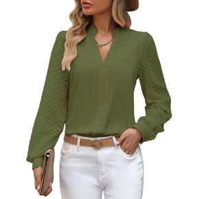 Womens Tops Dressy Casual Sheer Long Sleeve V Neck Shirts Loose Flowy Chiffon Business Work Blouses
