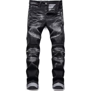 AITITIA Men's Biker Zipper Deco Washed Straight Fit Jeans