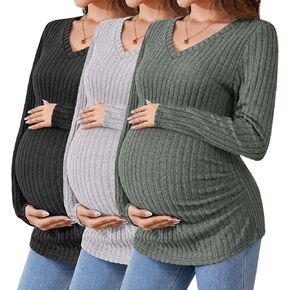 Ficerd Maternity Shirts 3 Pcs Long Sleeve Maternity Clothes V Neck Ribbed Fit Maternity Sweater Winter Thermal Maternity Tops