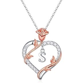 Rose Heart Initial Necklace Gifts for Women Girls, Letter Pendant Necklaces for Women Jewelry Anniversary Birthday Gifts for Her Wife Girlfriend Teen Girls