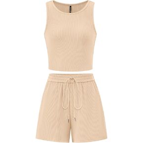 PRETTYGARDEN Womens 2 Piece Summer Outfits 2025 Casual Lounge Matching Sets Ribbed Knit Sleeveless Tank Tops and Shorts