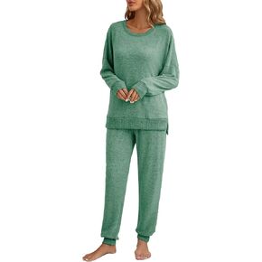 Famulily Women's 2 Piece Long Sleeve Side Split Ribbed Sweatshirt with Elastic Cuff Jogger Loose Lounge Sets in Kuwait