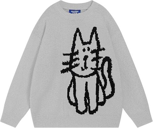 Aelfric Eden Women's Pullover Sweater Hand Drawn Cat Graphic Printed Oversized Sweater Fall Winter Fashion Couple Tops in Saudi Arabia