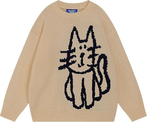 Aelfric Eden Women's Pullover Sweater Hand Drawn Cat Graphic Printed Oversized Sweater Fall Winter Fashion Couple Tops in Saudi Arabia