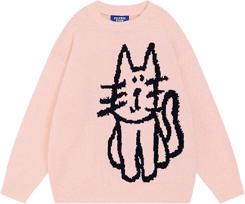 Aelfric Eden Women's Pullover Sweater Hand Drawn Cat Graphic Printed Oversized Sweater Fall Winter Fashion Couple Tops in Saudi Arabia