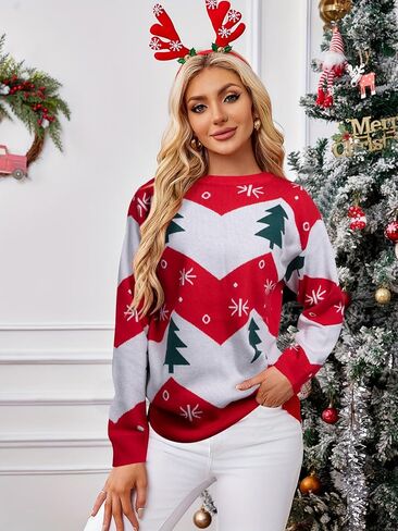 عيد الميلاد البلوزات للنساء 2024 ندفة الثلج الرنة عطلة سترة قبيحة شجرة عيد الميلاد المتضخم بلوفر مغزول القمم in Kuwait