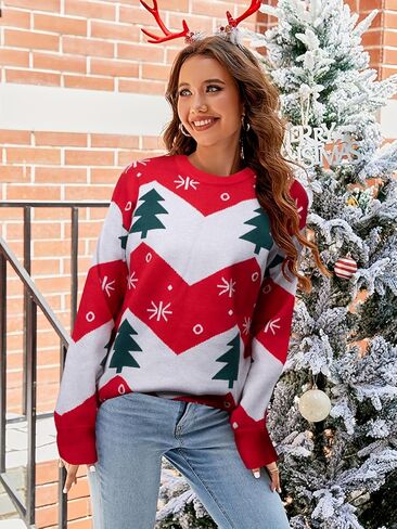 عيد الميلاد البلوزات للنساء 2024 ندفة الثلج الرنة عطلة سترة قبيحة شجرة عيد الميلاد المتضخم بلوفر مغزول القمم in Kuwait