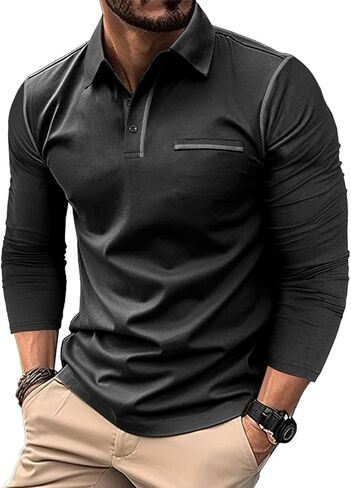 Mens Long Sleeve Polo Shirts Cotton Casual Polo Shirt Collared Button Classic Golf Polo T Shirts in Saudi Arabia