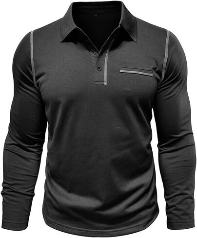 Mens Long Sleeve Polo Shirts Cotton Casual Polo Shirt Collared Button Classic Golf Polo T Shirts in Saudi Arabia