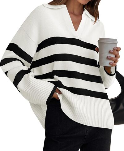ZESICA Women's Winter Sweaters Lapel V Neck Long Sleeve Striped Chunky Knit Oversized Pullover Sweater Jumper Tops in Saudi Arabia