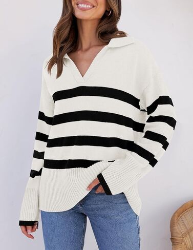 ZESICA Women's Winter Sweaters Lapel V Neck Long Sleeve Striped Chunky Knit Oversized Pullover Sweater Jumper Tops in Saudi Arabia