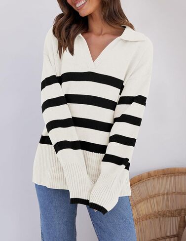 ZESICA Women's Winter Sweaters Lapel V Neck Long Sleeve Striped Chunky Knit Oversized Pullover Sweater Jumper Tops in Saudi Arabia