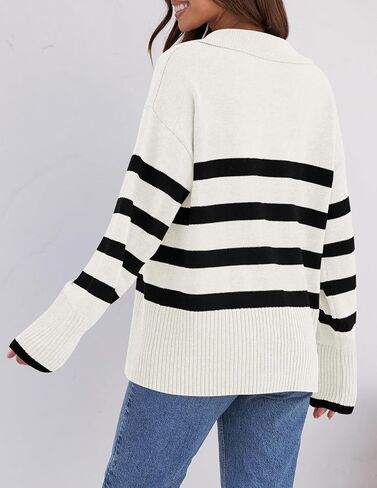 ZESICA Women's Winter Sweaters Lapel V Neck Long Sleeve Striped Chunky Knit Oversized Pullover Sweater Jumper Tops in Saudi Arabia