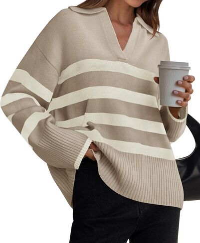 ZESICA Women's Winter Sweaters Lapel V Neck Long Sleeve Striped Chunky Knit Oversized Pullover Sweater Jumper Tops in Saudi Arabia