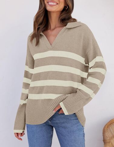 ZESICA Women's Winter Sweaters Lapel V Neck Long Sleeve Striped Chunky Knit Oversized Pullover Sweater Jumper Tops in Saudi Arabia