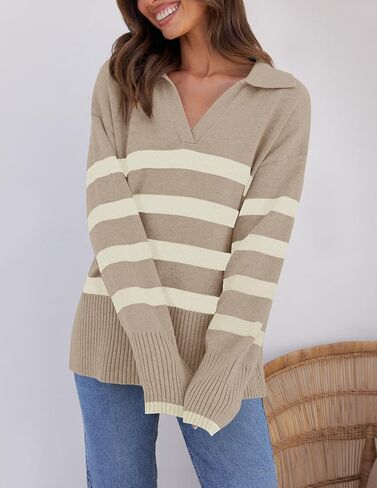 ZESICA Women's Winter Sweaters Lapel V Neck Long Sleeve Striped Chunky Knit Oversized Pullover Sweater Jumper Tops in Saudi Arabia