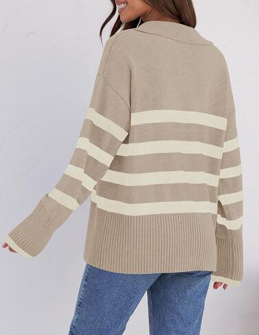 ZESICA Women's Winter Sweaters Lapel V Neck Long Sleeve Striped Chunky Knit Oversized Pullover Sweater Jumper Tops in Saudi Arabia