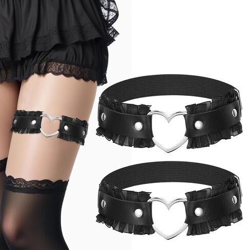 2Pcs Lace Heart Thigh Garter Belt, Adjustable Leg Garters for Thigh, Black Thigh Garter Band Heart Leg Garter Wedding Lace Garter Thigh Strap Heart Leg Ring Thigh Garters for Women Bride Party Cosplay in Saudi Arabia