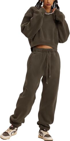 Flygo Women Sweat Set Sweatsuit Fleece 2 Piece Joggers Tracksuit Outfits Crop Sweatshirt Sweatpants Sets in Kuwait