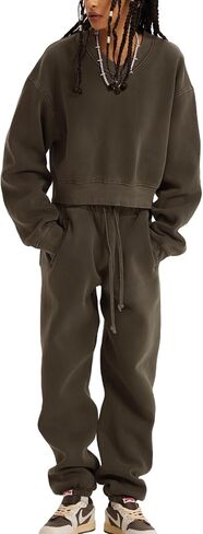 Flygo Women Sweat Set Sweatsuit Fleece 2 Piece Joggers Tracksuit Outfits Crop Sweatshirt Sweatpants Sets in Kuwait
