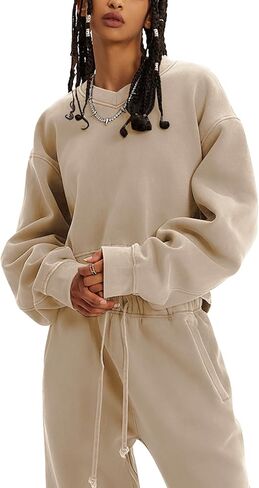 Flygo Women Sweat Set Sweatsuit Fleece 2 Piece Joggers Tracksuit Outfits Crop Sweatshirt Sweatpants Sets in Kuwait