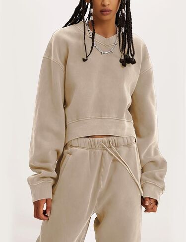 Flygo Women Sweat Set Sweatsuit Fleece 2 Piece Joggers Tracksuit Outfits Crop Sweatshirt Sweatpants Sets in Kuwait
