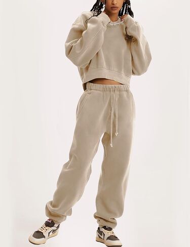 Flygo Women Sweat Set Sweatsuit Fleece 2 Piece Joggers Tracksuit Outfits Crop Sweatshirt Sweatpants Sets in Kuwait
