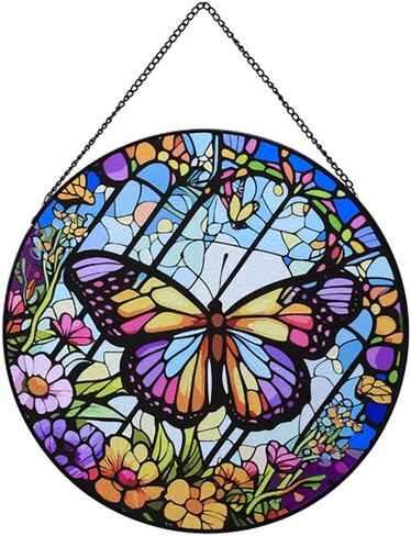 8'' Butterfly Stained Glass Window Hanging, Hand Painted Suncatcher Window Decor Glass Panels Art Decor Home Gifts for Grandmother, Mom, Daughter (Butterfly A) in Saudi Arabia