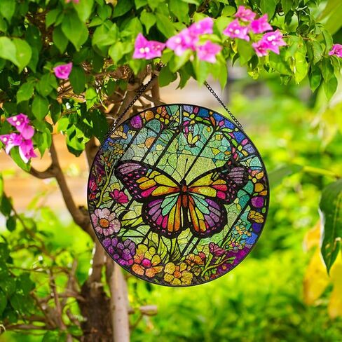 8'' Butterfly Stained Glass Window Hanging, Hand Painted Suncatcher Window Decor Glass Panels Art Decor Home Gifts for Grandmother, Mom, Daughter (Butterfly A) in Saudi Arabia