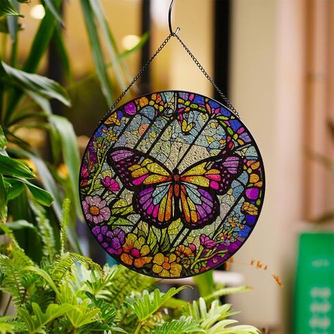 8'' Butterfly Stained Glass Window Hanging, Hand Painted Suncatcher Window Decor Glass Panels Art Decor Home Gifts for Grandmother, Mom, Daughter (Butterfly A) in Saudi Arabia