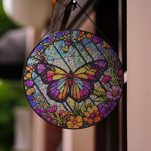 8'' Butterfly Stained Glass Window Hanging, Hand Painted Suncatcher Window Decor Glass Panels Art Decor Home Gifts for Grandmother, Mom, Daughter (Butterfly A) in Saudi Arabia