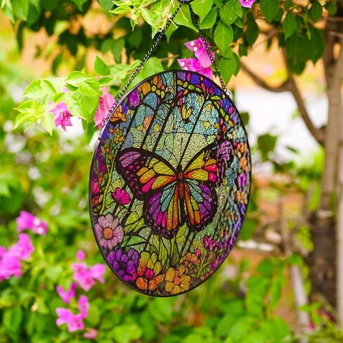 8'' Butterfly Stained Glass Window Hanging, Hand Painted Suncatcher Window Decor Glass Panels Art Decor Home Gifts for Grandmother, Mom, Daughter (Butterfly A) in Saudi Arabia