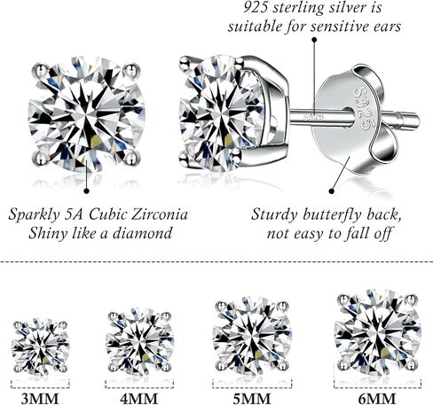 925 Sterling Silver Stud earrings Set | White Gold Plated Hypoallergenic Stud Earrings | Cubic Zirconia Stud Earrings for Women (2mm,3mm,4mm,5mm,6mm,7mm) 8 CZ colors options in Saudi Arabia