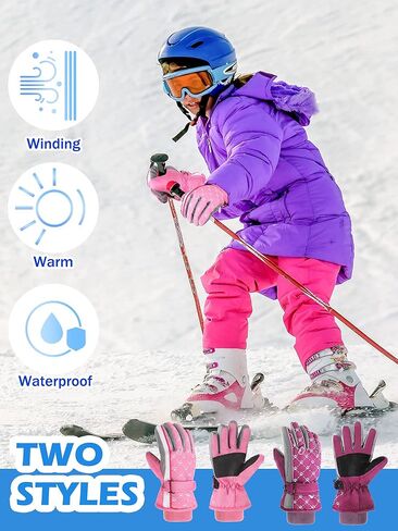 نيوكوت 2 أزواج أطفال قفازات الثلوج الشتوية قفازات التزلج الدافئة الأطفال ركوب على الجليد قفازات الثلج قفازات مقاومة للماء للأطفال في الهواء الطلق قفازات الشتاء للبنين الفتيات (الوردي الفاتح، الأرجواني، نمط أنيق) in Kuwait