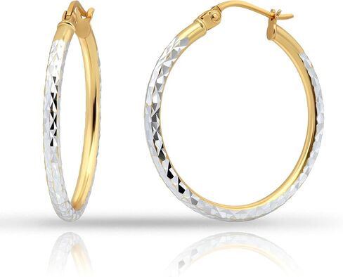 Hoops & Loops 925 Sterling Silver Two-Tone Yellow Gold and Silver Diamond-Cut Click-Top Hoop Earrings for Women, 25mm - 50mm in Kuwait