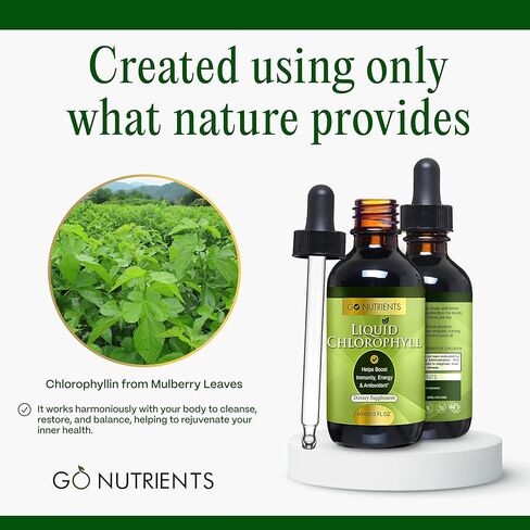 Go Nutrients Liquid Chlorophyll, Mulberry Derived Supplement, Chlorophyll Liquid Drops for Internal Deodorant, Energy, Digestion & Skin, Mint Flavor, Non-Diluted, 2oz | 118 Servings in Kuwait