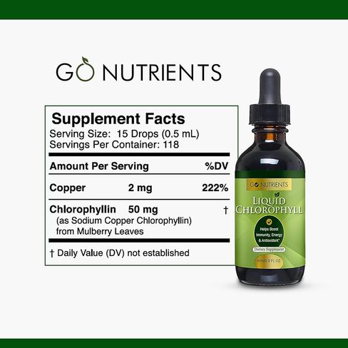 Go Nutrients Liquid Chlorophyll, Mulberry Derived Supplement, Chlorophyll Liquid Drops for Internal Deodorant, Energy, Digestion & Skin, Mint Flavor, Non-Diluted, 2oz | 118 Servings in Kuwait