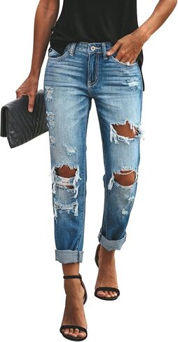 KUNMI Women's Ripped Mid Waisted Boyfriend Jeans Loose Fit Distressed Stretchy Denim Pants in Saudi Arabia